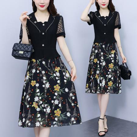 PF1101#大码女装 新款假两件雪纺印花拼接时尚遮肚显瘦连衣裙
