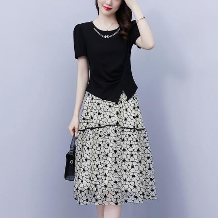 PF1103#大码女装 夏季新款显瘦胖mm网纱半身裙针织上衣连衣裙套装