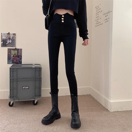 PF1108#大码女装胖mm三粒扣高腰弹力紧身小脚铅笔裤靴裤