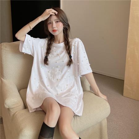 PF1109#网红同款重工设计感珍珠铆钉中长款纯棉宽松T恤女夏