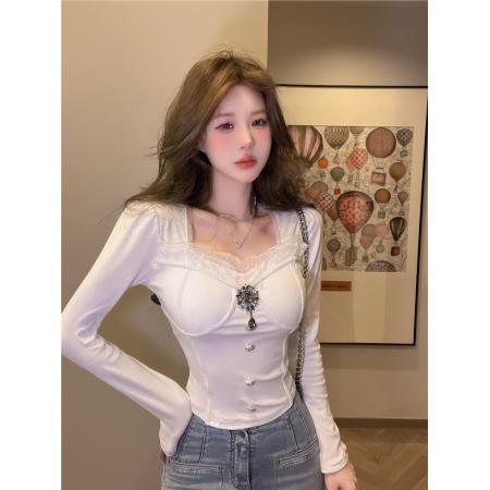 PF1118#新款性感露锁骨蕾丝拼接镂空短款修身T恤上衣带胸垫