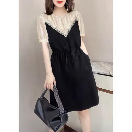 PF1128#设计感黑色圆领泡泡袖气质收腰减龄连衣裙女欧洲站夏季新款