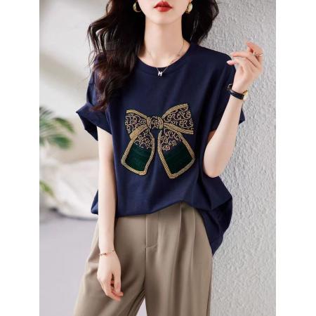 PF1132#钉珠短袖t恤女夏 新款欧货宽松大码半袖体恤显瘦胖mm遮肚上衣