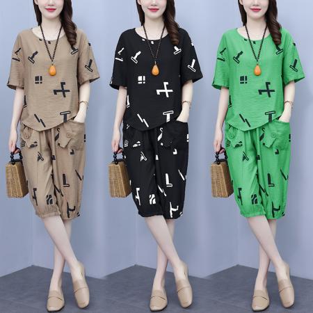 PF1140#时尚大码套装女夏新款洋气宽松胖MM圆领字母印花上衣五分裤两件套