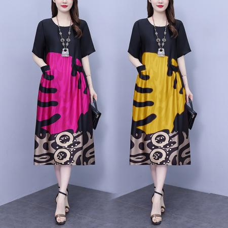 PF1141#大码女装夏季新款2024时尚气质圆领直筒宽松显瘦中长款连衣裙