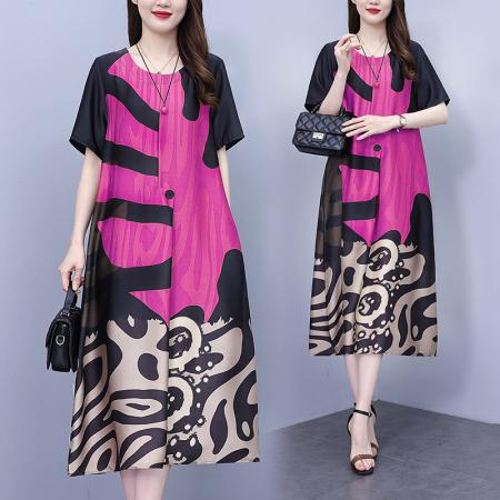 PF1142#大码女装时尚宽松显瘦连衣裙女夏季新款2024洋气减龄气质中长裙子