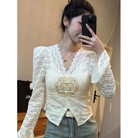 PF1149#新中式印花蕾丝盘扣v领针织衫女 气质修身显瘦短款上衣