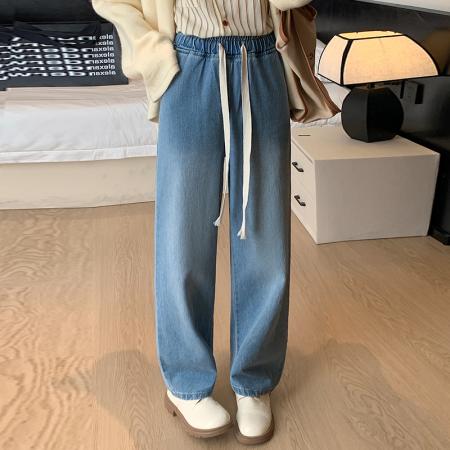 PF1150#牛仔纯棉洗水学院风 复古抽绳宽松拖地怀旧直筒裤女