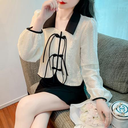 PF1154#国风盘扣衬衫上衣泡泡袖设计感小众复古开衫翻领长袖蕾丝衫女