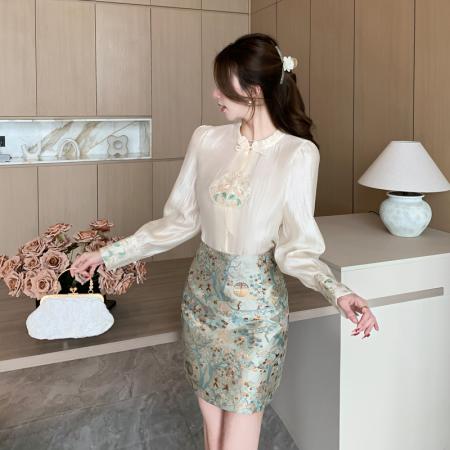 PF1158#新款新中式国风衬衫提花半身裙两件套装女