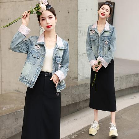 PF1162#国风牛仔外套女新中式花朵上衣缎面拼接重工刺绣夹克