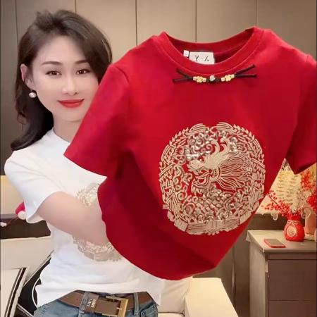 PF1169#纯棉新中式国风刺绣短袖T恤女 洋气时尚百搭上衣服