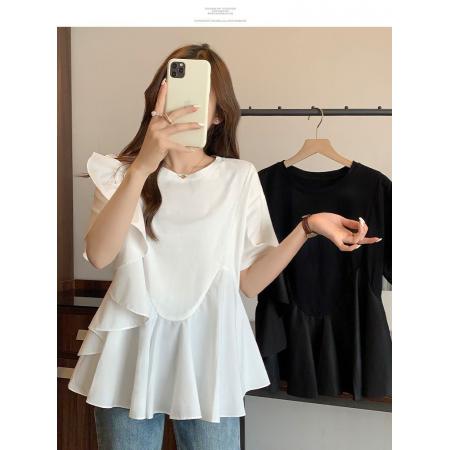 PF1173#洋气荷叶边短袖T恤女 新款大码胖mm显瘦遮肚减龄小衫上衣