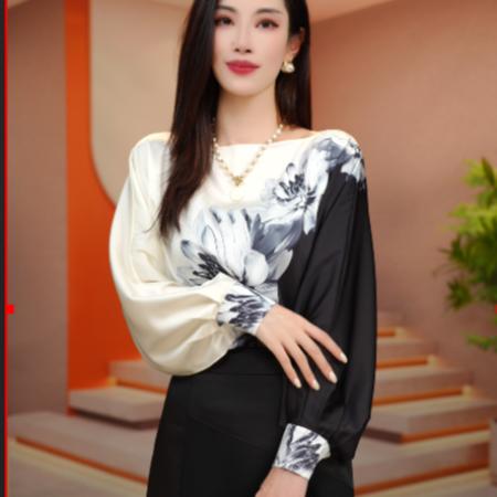 PF1177#爆款艾琳凯 气质优雅显瘦时尚长袖轻奢一字领衬衫