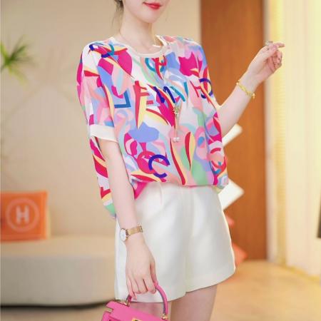 PF1178#爆款时尚气质字母几何图案圆领 短袖宽松T恤新款减龄上衣