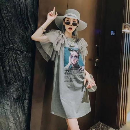 PF1179#夏装新款大码女装t恤裙中长款胖妹妹休闲短袖显瘦连衣裙潮