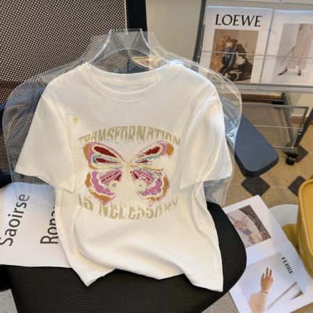 PF1184#92%棉 8%氨纶 正肩短袖T恤女纯棉