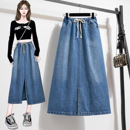 PF1207#牛仔半身裙女早春高腰包臀裙 复古直筒宽松a字中长款半裙