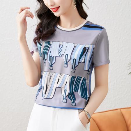 PF1208#蚕丝上衣女短袖2024夏季新款显瘦印花真丝邹气质半袖T恤