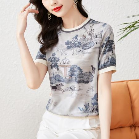 PF1209#蚕丝上衣女短袖2024夏季新款显瘦印花真丝邹气质半袖T恤
