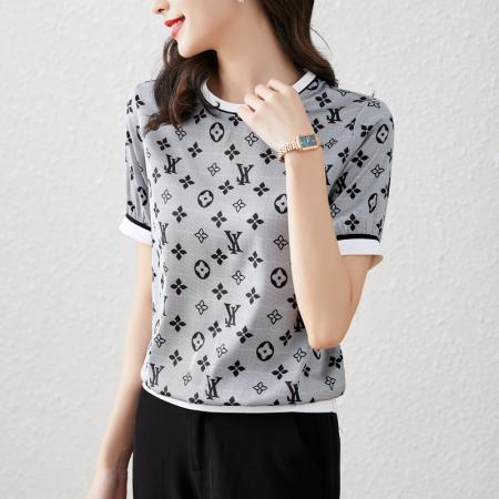 PF1210#蚕丝上衣女短袖2024夏季新款显瘦印花真丝邹气质半袖T恤