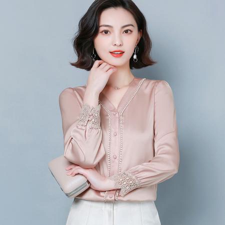 PF1211#新款仿真丝缎面蕾丝拼接衬衫长袖春秋洋气女上衣