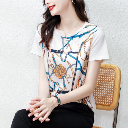 PF1214#新款重磅真丝T恤宽松女短袖印花白色圆领小衫半袖上衣