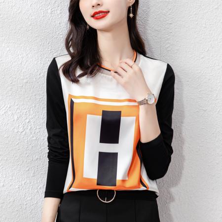 PF1215#新款重磅仿真丝T恤宽松内搭长袖印花圆领打底上衣