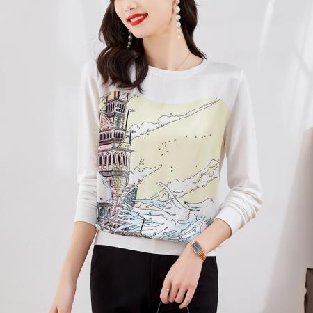 PF1216#新款针织女长袖 高端缎面印花套头时尚休闲上衣