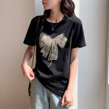 PF1224#夏季纯棉蝴蝶结小衫时尚宽松百搭上衣遮肉显瘦短袖t恤女