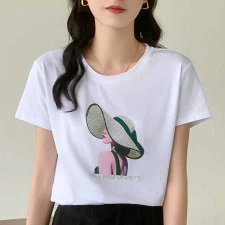 PF1225#夏季新款潮牌烫钻白色短袖t恤女超火宽松设计感小众洋气上衣