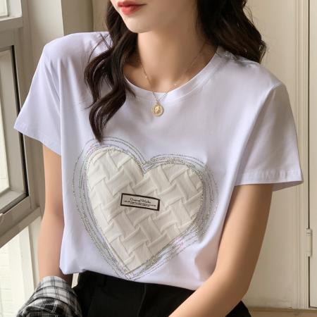 PF1228#白色t恤女短袖 女装新款宽松显瘦爱心纯棉休闲正肩上衣