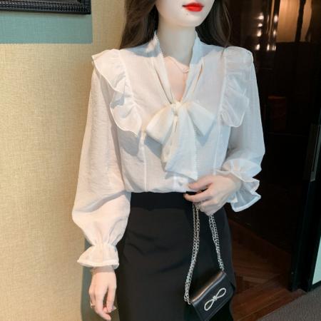 PF1230#雪纺衫荷叶边纯色上衣气质飘带设计感V领喇叭袖纯色