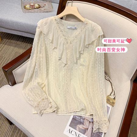PF1235#大码女装新款V领百搭打底小众设计原创法式蕾丝上衣