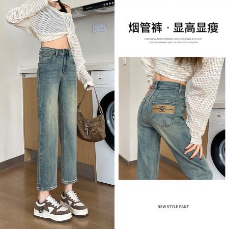 PF1239#刺绣阔腿牛仔裤女 新款欧货高腰八分小个子窄版直筒烟管裤