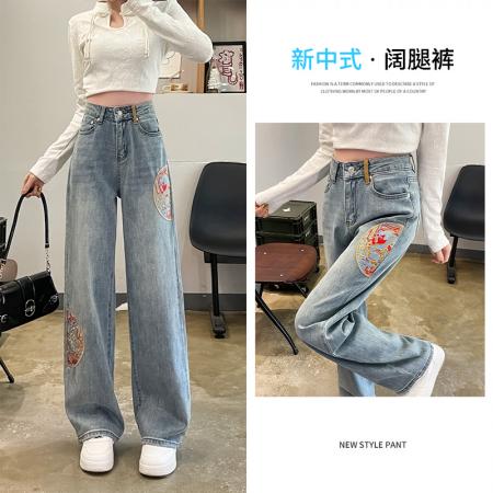 PF1240#浅色直筒牛仔裤女 新款新国风刺绣高腰显瘦小个子阔腿长裤