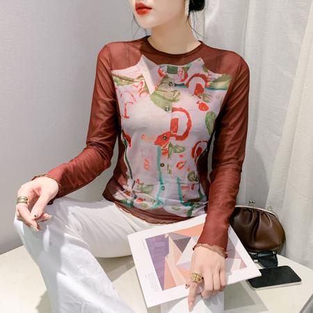 PF1242#欧货 新款修身时尚网纱印花拼接圆领长袖T恤防晒衣女