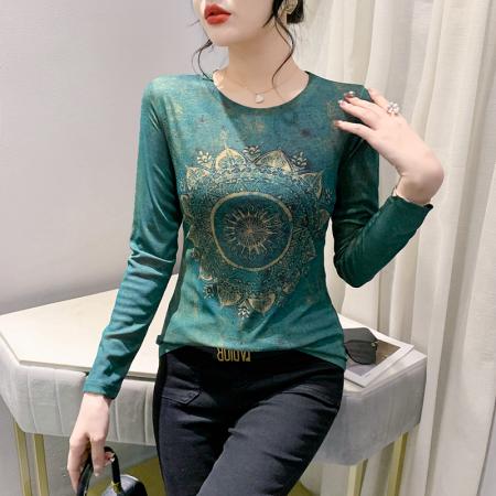 PF1243#新款时尚印花长袖T恤百搭洋气上衣打底衫女