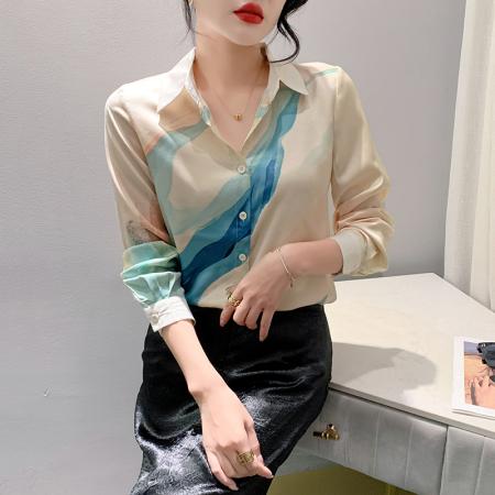 PF1245#新款时尚撞色印花衬衫女气质百搭长袖衬衣女打底衫