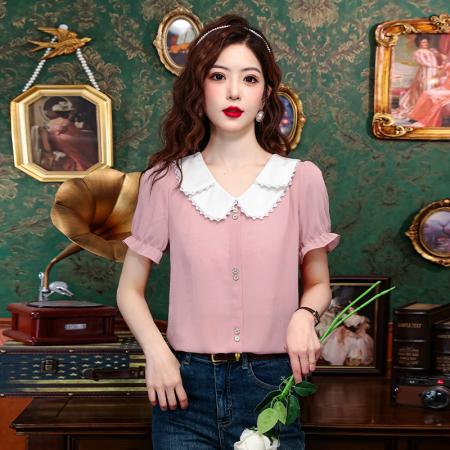 PF1248#夏季薄款法式小衫女装 新款潮雪纺短袖甜美减龄上衣撞色T恤
