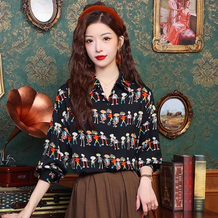 PF1249#港风女装复古穿搭印花衬衫 新款春款衬衣设计感气质百搭上衣