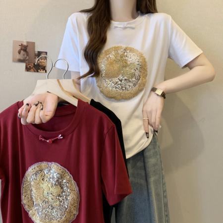 PF1253#新中式国风T恤女 新款宽松短袖设计感显瘦上衣
