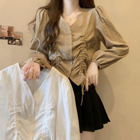 PF1254#大码~慵懒复古长袖V领衬衫设计感小众春装新款衬衣外套上衣