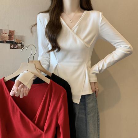 PF1255#大码~t恤女长袖春装新款v领打底衫不规则收腰小众别致上衣