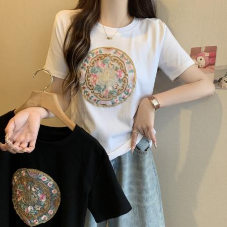 PF1256#大码~夏季新款新中式小众设计感刺绣短袖T恤女宽松显瘦上衣