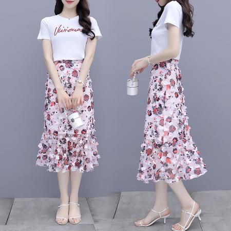 PF1267#t恤碎花裙鱼尾裙套装女两件套洋气减龄显瘦气质时尚套装裙夏款新