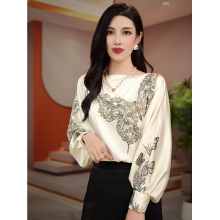 PF1279#抖音爆款艾琳凯 新款显瘦百搭优雅定位花一字领衬衫