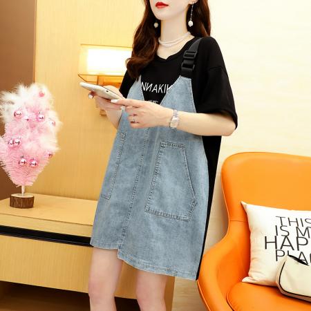 PF1285#纯棉牛仔百棉 假两件拼接牛仔短袖T恤中长款宽松设计感上衣