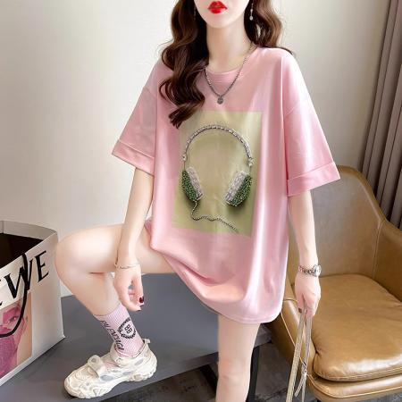 PF1286#纯棉短袖t恤女夏2024韩版烫钻圆领新款上衣大码女装