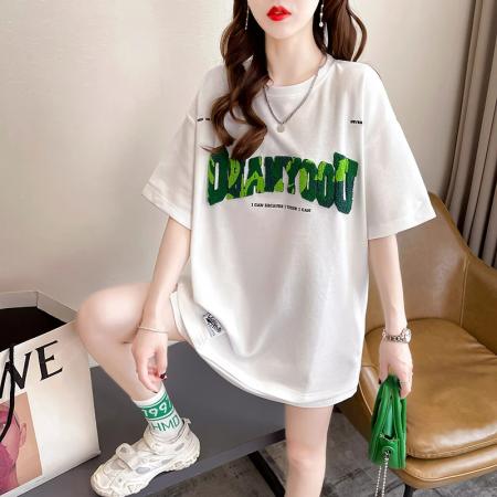 PF1287#纯棉短袖t恤女夏2024刺绣圆领新款上衣大码女装